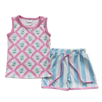GSSO0324/търговец на едро на детски дрехи, комплект шорти в синьо и бели вертикални райета без ръкави в цветен клетка за момичета, ежедневни и удобен