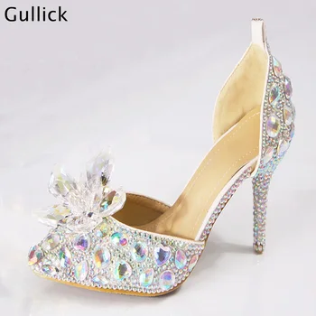 Gullick/новост 2018 година; обувките на Пепеляшка на висок ток с флорална декорация от планински кристал; дамски обувки-лодка с остри пръсти; сватбени обувки с кристали;