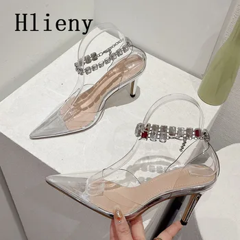 Hlieny/ кристално чисти женски обувки-лодка с остри пръсти, модни прозрачни дамски чехли от PVC на висок ток, летни вечерни сватбени модела обувки