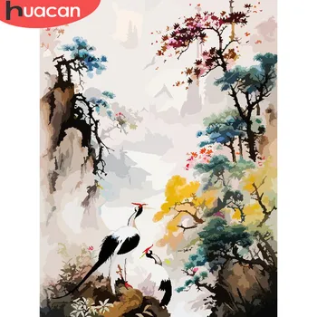 HUACAN САМ живопис с маслени бои на номер Набор от пейзажи с планински дърво, акрилна живопис, рисунка журавля върху платно, боядисване, декорация за дома
