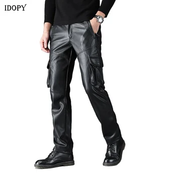 Idopy Мъжки карго панталони от изкуствена кожа в стил милитари с множество джобове и еластична гумена лента за кръста, dr. тактически панталони от изкуствена мека кожа, по-големи размери