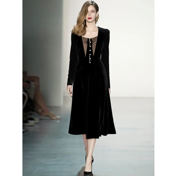 Janeyiren/ модно подиумное пролетта-секси елегантна рокля с квадратна деколте и дълъг ръкав и бриллиантовыми бутони, дебнещ черна рокля бархатное