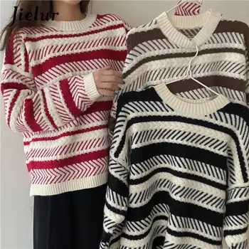 Jielur, есенна новост корейската Мода, пуловер на червени и черни райета, дамски зимни пуловери на свободна тел хит на продажбите 2021 г.