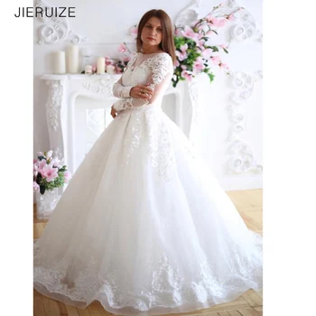 Jieruize, бели дантелени апликации, beading, луксозни булчински рокли, сватбени рокли с дълги ръкави и шнур отзад, Vestido De Новия