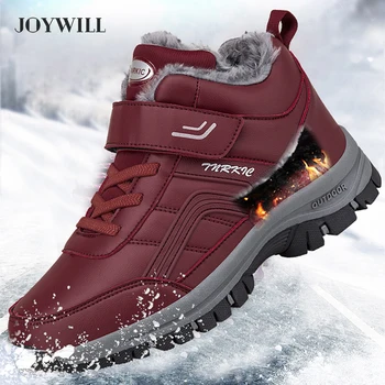 JOYWILL, дамски зимни топли обувки, непромокаеми кожени зимни обувки от дебел плюш за мъже, улични нескользящие ботильоны Унисекс за разходки, нови