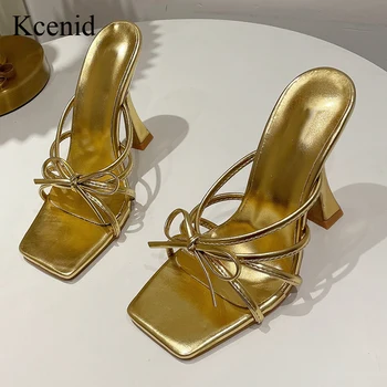 Kcenid 2022, нов дизайн, Златни Чехли с квадратни пръсти, сандал, Модерен сладък дамски летни чехли на висок ток, с пеперуда и възел