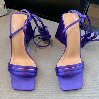 Kcenid/Новост 2022 г.; Пурпурни Копринени дамски Сандали на висок Ток с препратка джапанки и квадратни Пръсти, дантела; Дамски обувки за Партита; Sandalias de mujer
