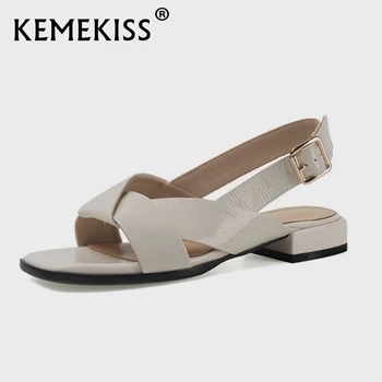 KemeKiss/ дамски сандали от естествена кожа с каишка и катарама на квадратен ток, однотонная реколта лятна ежедневни дамски обувки, Размер 34-43