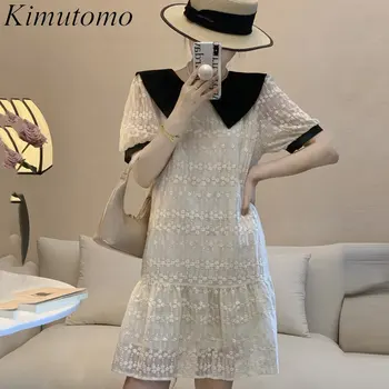 Kimutomo Винтажное свободно дантелено рокля с бродерия, секси Елегантна рокля с ревери, за разлика по цвят, с пищни ръкави, прости и директни рокли, Новост Ins Tide