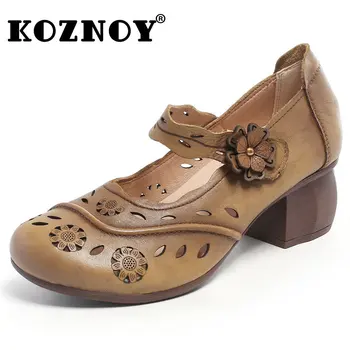 Koznoy 5 см, Нови Дамски Мокасини от естествена Телешка кожа в етнически стил, Летни На Масивна Ток, Ръчно изработени, С Аппликацией във формата на Цвете, Кухи Дамски Обувки на куки