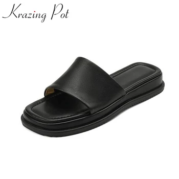 Krazing Pot/ летни обувки от волска кожа на платформа без обков с отворени пръсти, джапанки в стила на британската школа, елегантен дизайн, дамски сандали на ниска пета