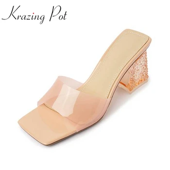 Krazing гърне TPU естествена кожа годишната суперзвезда на приплъзване на обувки Crystal jelly дебели високи токчета Фея на красотата дизайн сандали жени