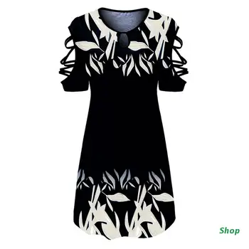 L5YCплатье-риза в стил бохо с открити рамене, къс ръкав, приталенное рокля-туника трапецовидна форма с флорални принтом