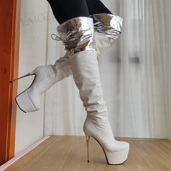 LAIGZEM, секси дамски ботуши над коляното с цип отстрани, ботуши на висок ток-висок ток, танцови обувки в стил мозайка на платформата, женски-големи размери 33 41 43