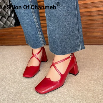 LeShion Of Chanmeb/ Дамски обувки-лодка от естествена кожа с появата на шнур; Обувки Mary Janes На блок обувки; Дамски Нишевая Марка обувки; Дамски Червена обувки