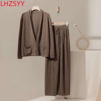 LHZSYY/ Всекидневен костюм от Висок клас, Жилетка от 100% Чист Кашмир, Дамски Трикотажная риза, Широки Панталони, Чанти комплект от две части