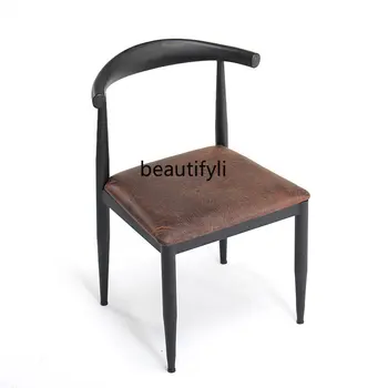LM Nordic Bench Домашен стол за сядане с облегалка от бичи рога, железен стол за хранене, модерен прост и лесен луксозен стол
