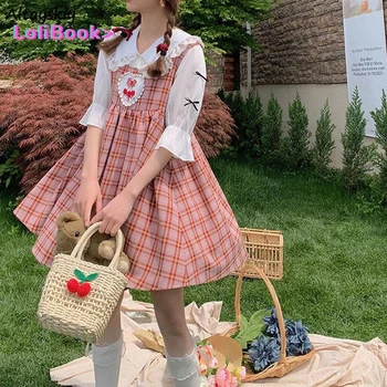 Lolibook/ дамски ежедневни блузи в корейски стил, дантелени блузи в стил мозайка с къс ръкав, Кавайное нежно сладко студентско модно розово рокля в клетката
