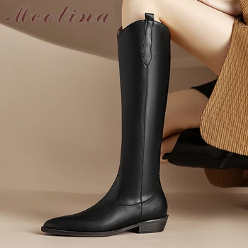 Meotina/ дамски ботуши до коляното от естествена кожа в западен стил, с остри пръсти върху плоска цип, дамски модни дълги ботуши, есенно-зимни обувки в черен цвят