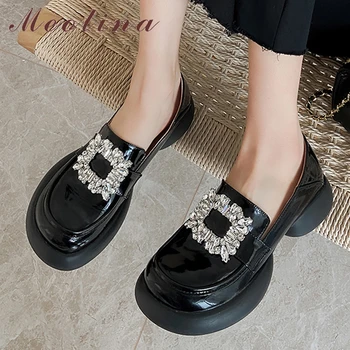 Meotina, женски обувки на равна платформа от естествена кожа, с кръгли пръсти и кристали, дамски модни елегантни ежедневни обувки, пролет-есен, абрикосово-черен
