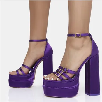 MKKHOU/ модни сандали, дамски нови високо качество сатенени сандали с отворени пръсти, тънки ленти, двупластова дебела подметка, високи токчета, модерна отворена обувки