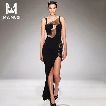 MSMUSI 2023, нестандартен, модерен женски секси прашка, лейси мрежа, без ръкави, отворена облегалка, бандажное вечер, клуб, дебнещ рокля миди с прерязано