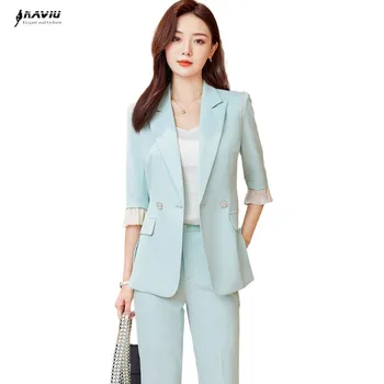 NAVIU/сини костюми, дамски пролетно-летния нов темпераментен професионален строг тънко сако и панталони, офис дамски работни облекла кайсиев цвят