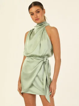 NEEDBO Женското сексуално атласное вечерна рокля, модерен летен монофонични халат, Дамско модно ежедневното плиссированное рокля midi