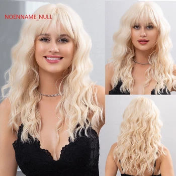 NOENNAMR NULL Дълги къдрави коси вълнообразни синтетични перука с бретон, женски светло кафяво перука за ежедневни партита