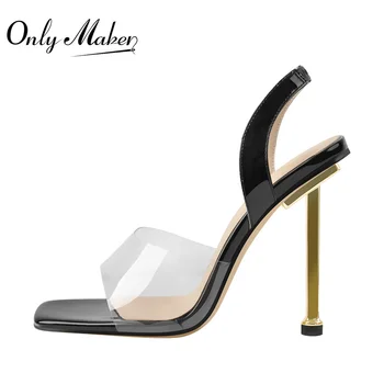 Onlymaker/ дамски сандали от PVC с квадратни пръсти, без скоби, на висок метален ток-висок ток, еластична лента, черни Модни летни сандали