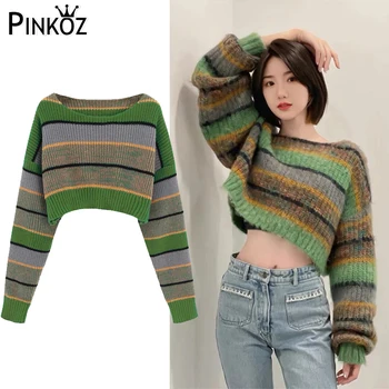 Pinkoz, дизайнер на модния подиум, знаменитост, стилен кратък пуловер райе с кръгло деколте и дълъг ръкав, есен-зима, вязаный пуловер, блузи, винтидж