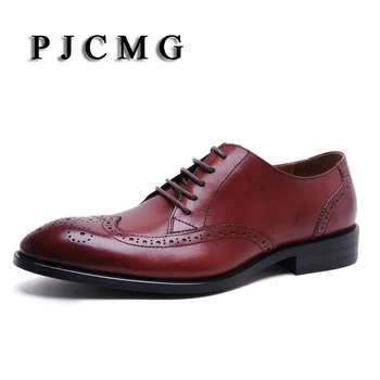 PJCMG Кожени мъжки бизнес обувки с дантела-Червен/черен на цвят с остри пръсти тип 