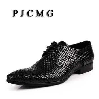 PJCMG/ нови модни удобни черни/червени мъжки ежедневни класически обувки на плоска подметка от естествена вязаной кожата дантела с остри пръсти