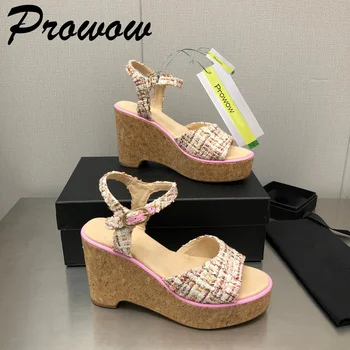 Prowow, нови летни сандали на платформа от естествена кожа с каишка на щиколотке, дамски обувки на висок ток, луксозни обувки на танкетке