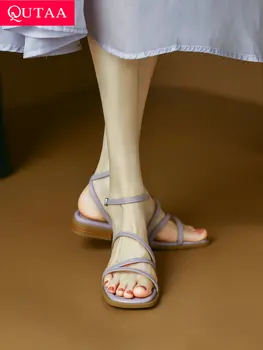 QUTAA 2022 дамски летни сандали от естествена кожа каишка на глезена плосък ток офис дамски ежедневни квадратен стелката на обувки жена размер диапазон 34-40