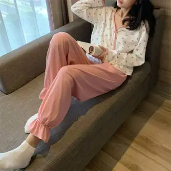 QWEEK, дамски памучен пижами, брючные костюми с цветен модел, скъпа дамски дрехи, розово и синьо комплект дрехи за почивка, пижама, пижама есен