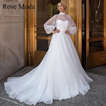Rose Moda Сватбени рокли принцеса с високо воротом и дълги ръкави фенерчета с подвижна жакетом Определяне Сватбена рокля по поръчка