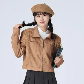 S-L, дамски якета, есенни дамски палта с отложным яка с цип, однотонная тънка корея къси връхни дрехи, дамски дрехи Hw56