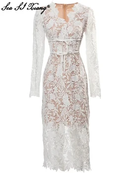 Seasixiang/ модно дизайнерско лятото женствена рокля-молив с V-образно деколте, дълъг ръкав, с цветя, открит реколта опаковка, рокли за задните части