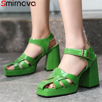 Smirnova/2022, размери 34-43, нови обувки, дебелите високи токчета, обикновен дамски обувки на платформа, популярни дамски сандали от лачена кожа