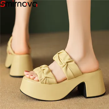 Smirnova/Новост 2023, дамски чехли на платформа от овча кожа, модерен дамски нагънат чехли на дебел висок ток, ежедневни летни обувки