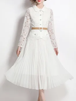 SMTHMA/ Ново модно пролетта на елегантно дамско бельо рокля в стил мозайка, винтажное рокля с дълъг ръкав, тънка талия, женски премяна, Vestidos 2023
