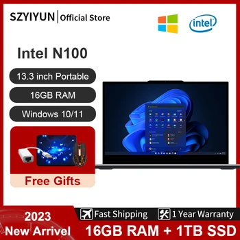 SZYIYUN 13,3-инчов лаптоп с Intel в n100 16 GB памет, Windows Преносим лаптоп 1920 x 1080 IPS бизнес-офис PC
