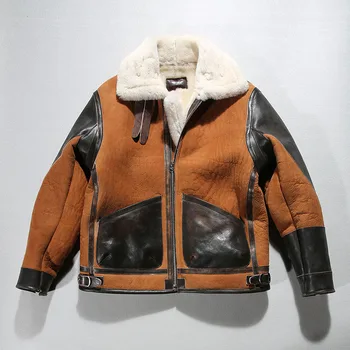 TD1400 Европейски размер, качество на супер топло палто от естествена овча кожа, мъжко яке-бомбер от овча вълна в голям размер, B3, военна кожа яке