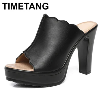 TIMETANGPlus/ Размери 35-42; Кожа обувки на платформа; Летни Джапанки с отворени пръсти; Дамски Джапанки; Колекция 2019 г.; дамски обувки на висок ток с Блочным