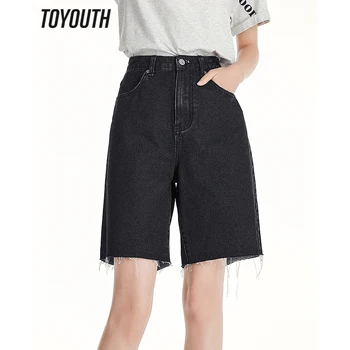 Toyouth, дамски къси дънки, летни 2023, преки свободни дънкови панталони с висока талия, непреработени подгъва, ежедневни универсални основни панталони