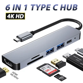 USB-хъб 6 В 1 Type C до 4K, HDMI-съвместим USB 3.0 TF SD PD3.0 за Macbook Dell Huawei Chromebook S8 S9 S10 S20 C USB ХЪБ Докинг станция