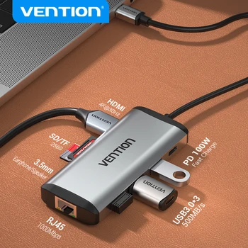 Vention C USB ХЪБ Type C до USB 3.0 Докинг станция USB C HDMI, RJ-45 4K за MacBook Pro Air Аксесоари Type C 3,1 Ивица на USB ХЪБ
