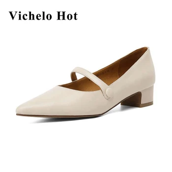 Vichelo/ висококачествена марка обувки от естествена кожа с остри пръсти за корейски момичета на среден ток в изчистен стил, модерни дамски обувки-лодка L03
