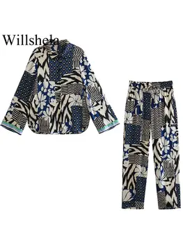 Willshela, женски модерен комплект от две части, однобортная риза с принтом, реколта панталони на съвсем малък, Луксозни комплекти дрехи за дома и панталони